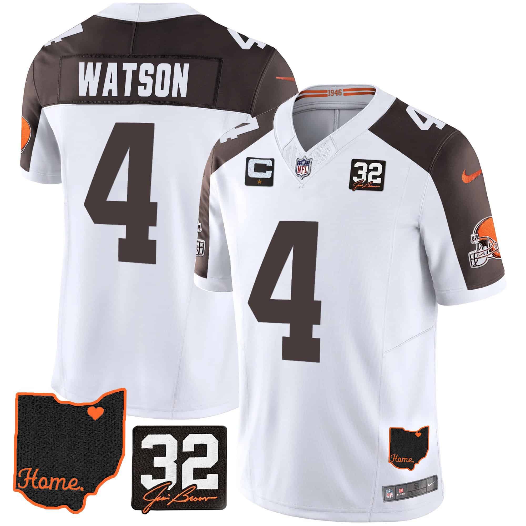 Men Cleveland Browns 4 Watson White Memorial Home Patch 2024 Nike NFL Jersey style 1